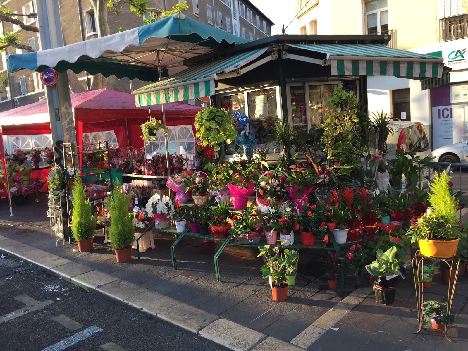 Étal extérieur du Kiosque à fleurs Belle-de-Mai, place Bernard Cadenat à Marseille, avec ses bouquets et plantes colorées